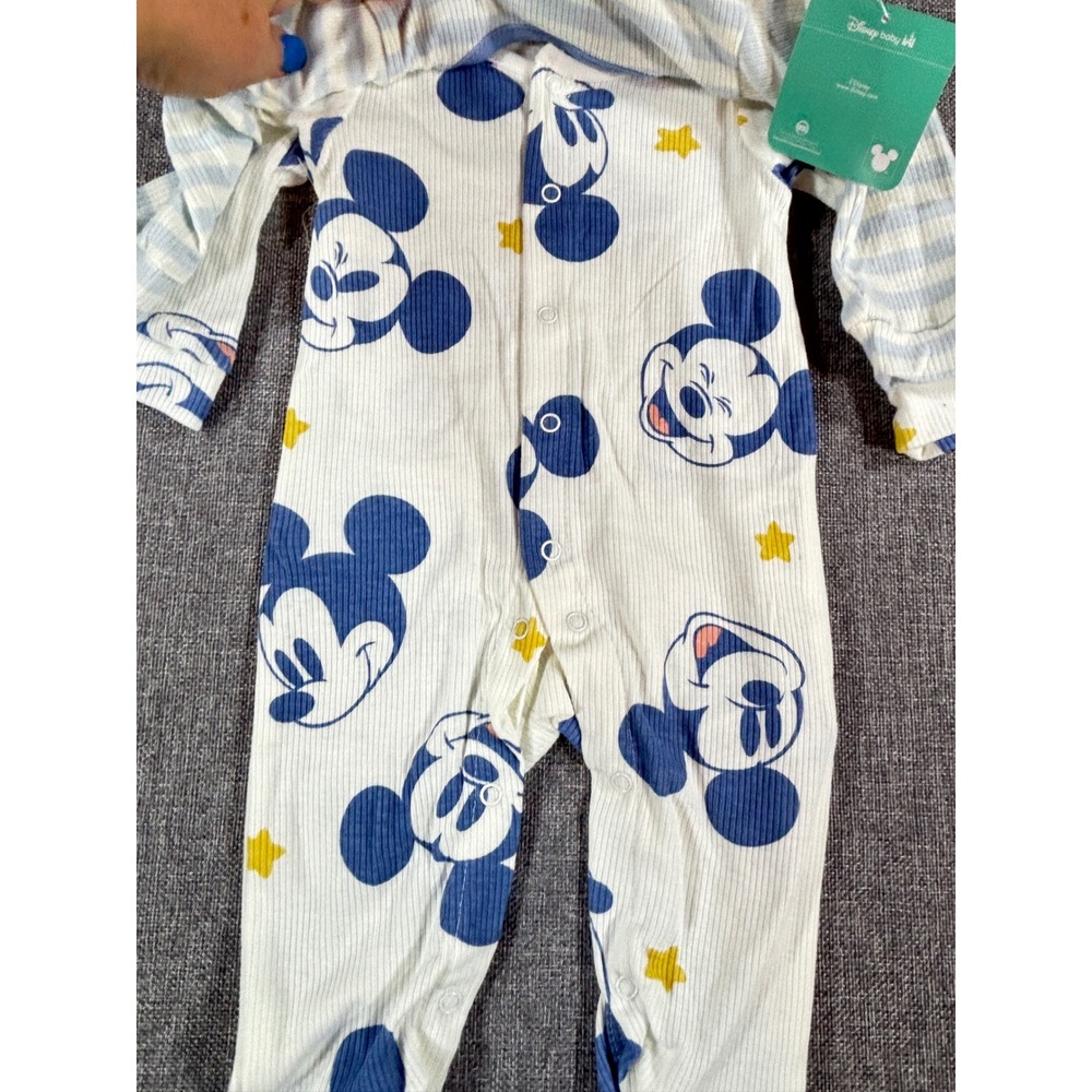 Disney Baby Boys Mickey Mouse Footed Sleeper 2 Pack 3-6M Blue White Ribbed Knit - Picture 6 of 8